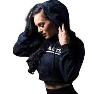 Alphalete Women's Logo Cropped Hoodie Sweatshirt Blue Black Camo Size Medium
